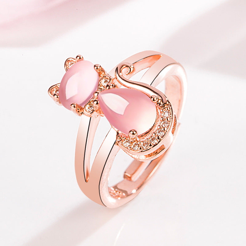 Girl's Pink Rhinestone Cat Ring Adjustable Decorative Accessories