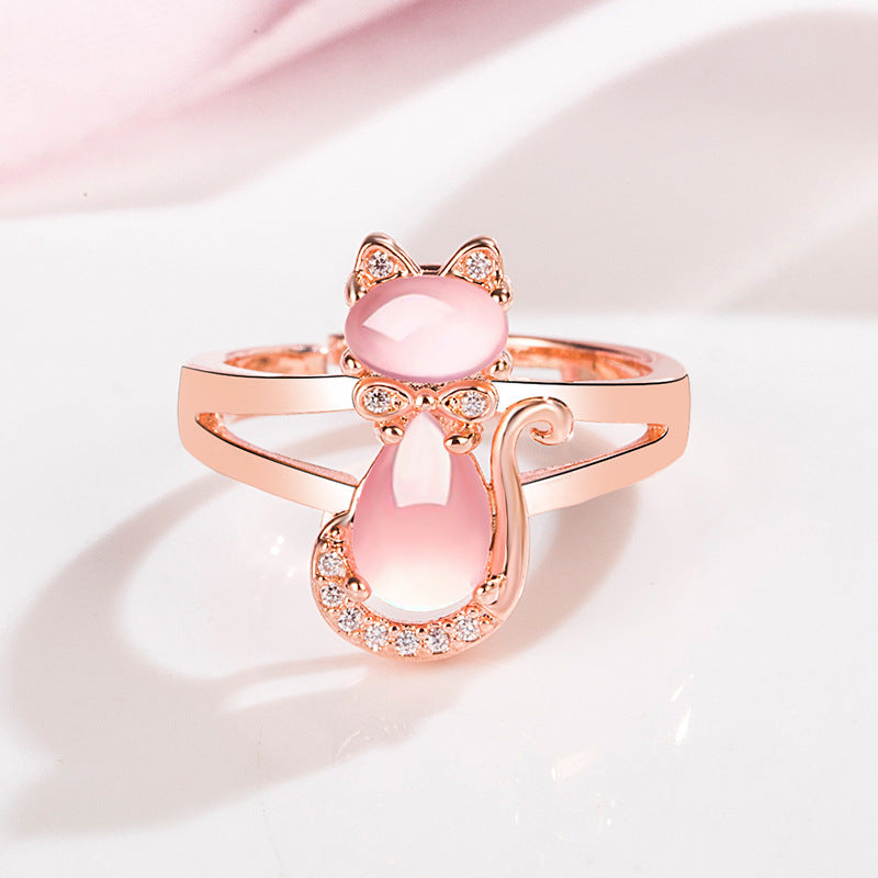 Girl's Pink Rhinestone Cat Ring Adjustable Decorative Accessories