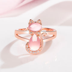 Girl's Pink Rhinestone Cat Ring Adjustable Decorative Accessories
