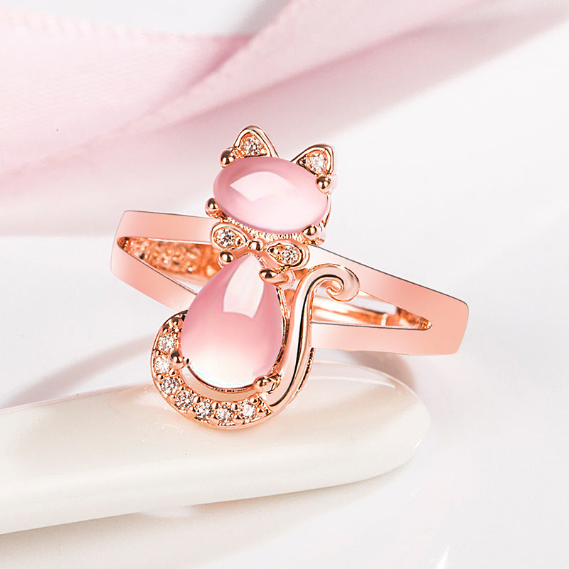 Girl's Pink Rhinestone Cat Ring Adjustable Decorative Accessories