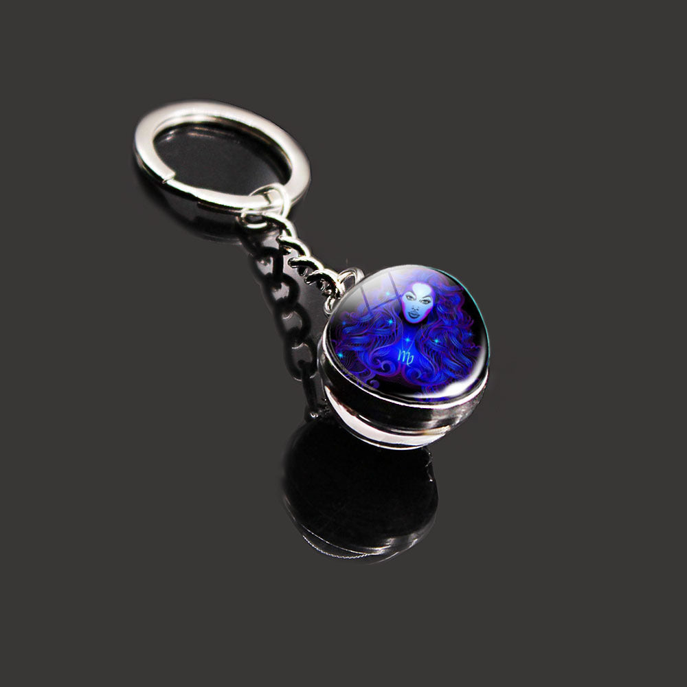 12 Constellation Key Chain Time Gemstone Double Sided Glass Ball Metal Key Chain