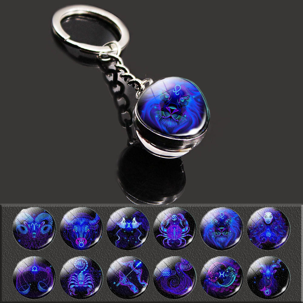 12 Constellation Key Chain Time Gemstone Double Sided Glass Ball Metal Key Chain