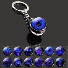 12 Constellation Key Chain Time Gemstone Double Sided Glass Ball Metal Key Chain