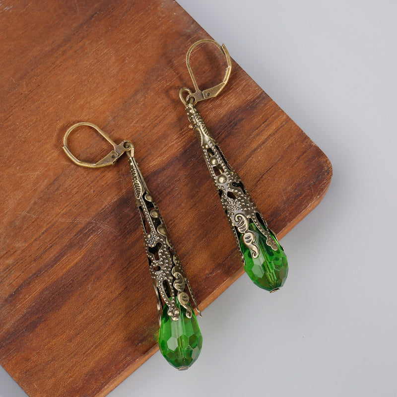 Boho Peridot Long Dangle Earrings Vintage Green Stone Earrings