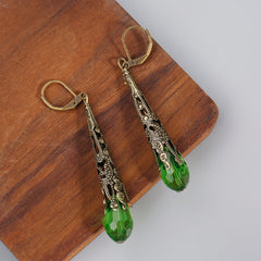 Boho Peridot Long Dangle Earrings Vintage Green Stone Earrings