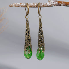 Boho Peridot Long Dangle Earrings Vintage Green Stone Earrings