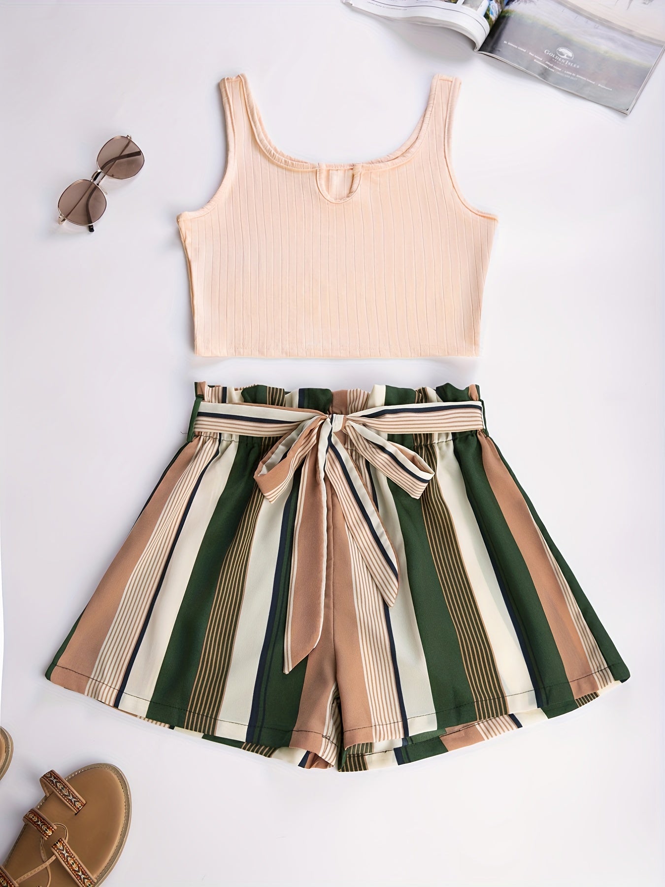 Spring & Summer Two piece Set Tank Top & Striped Print Shorts