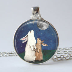 Rabbits Watching Moon Time Gem Keychain