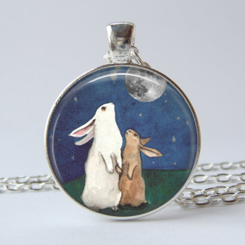 Rabbits Watching Moon Time Gem Keychain