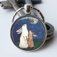 Rabbits Watching Moon Time Gem Keychain