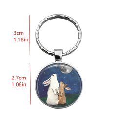 Rabbits Watching Moon Time Gem Keychain