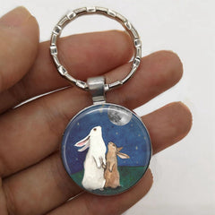 Rabbits Watching Moon Time Gem Keychain