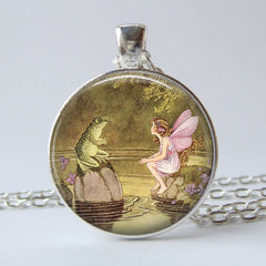 Frog Flower Fairy Time Gem Pendant Necklace