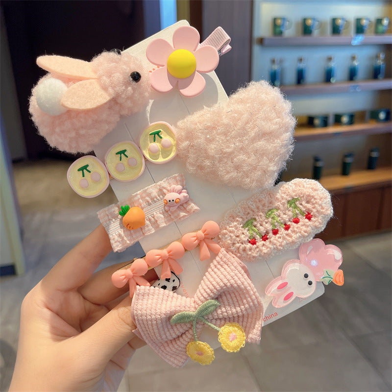 9pcs Girls Plush Bow Flower Hair Clips Decorative Hair Accessories Set