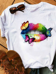 Colorful Lips & Butterfly Print Top Short Sleeve Sports T shirt