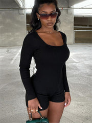 Ribbed Slim Romper Jumpsuit Long Sleeve Crew Neck Women's Clothing