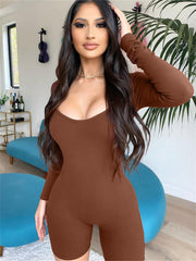 Ribbed Slim Romper Jumpsuit Long Sleeve Crew Neck Women's Clothing