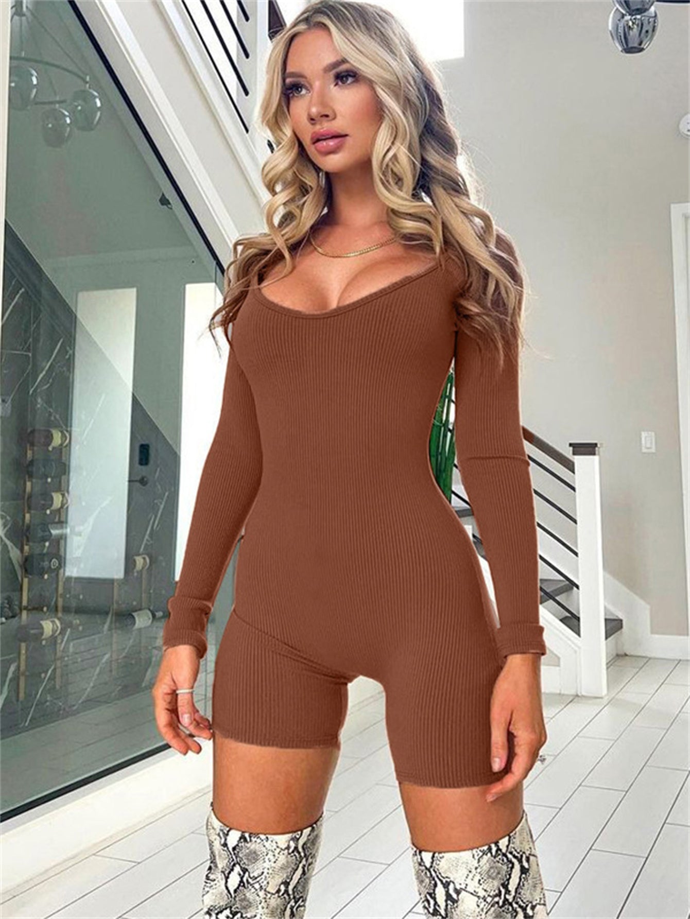 Ribbed Slim Romper Jumpsuit Long Sleeve Crew Neck Women's Clothing