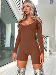 Ribbed Slim Romper Jumpsuit Long Sleeve Crew Neck Women's Clothing