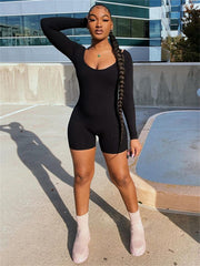 Ribbed Slim Romper Jumpsuit Long Sleeve Crew Neck Women's Clothing
