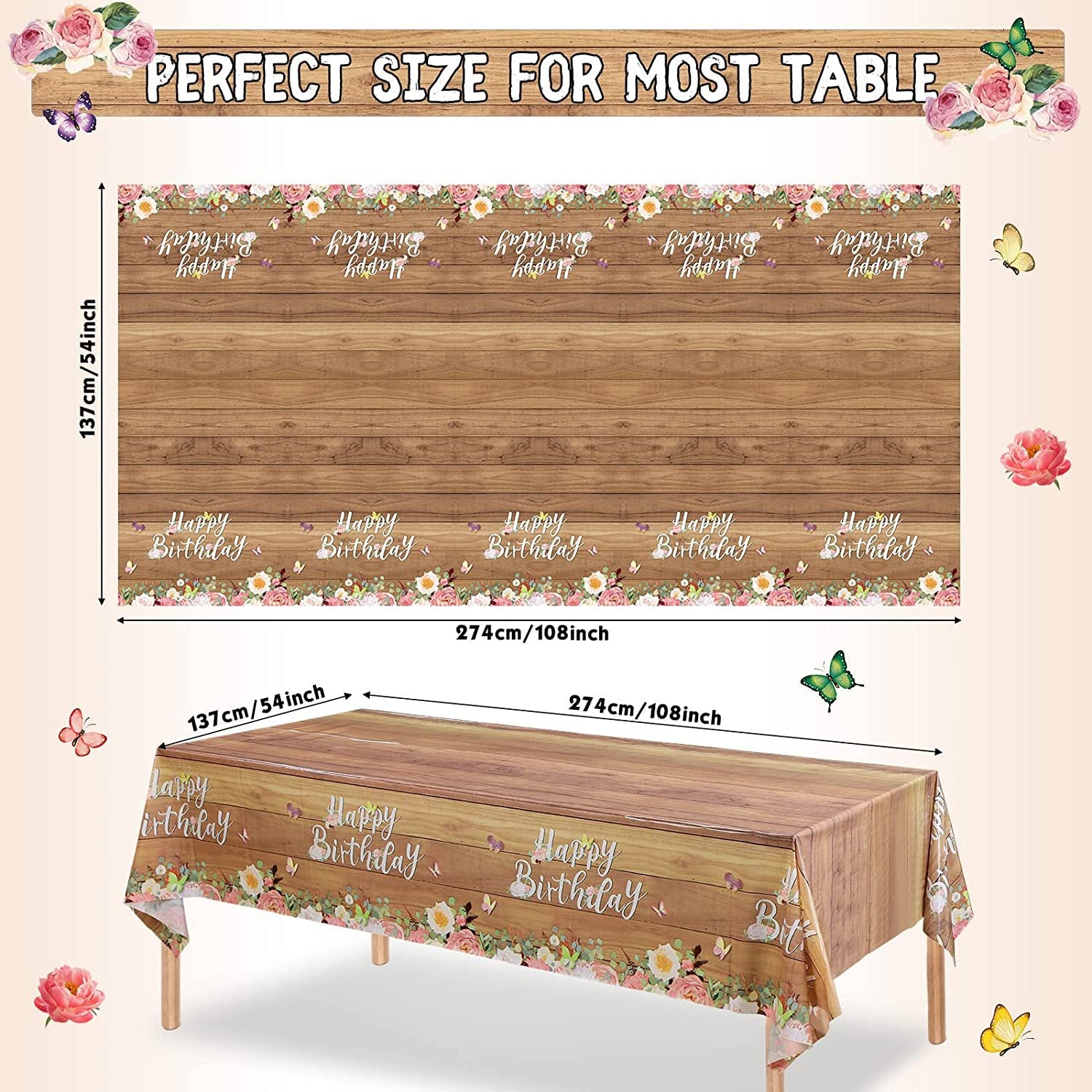 Wood Grain Birthday Tablecloth Butterfly Decoration