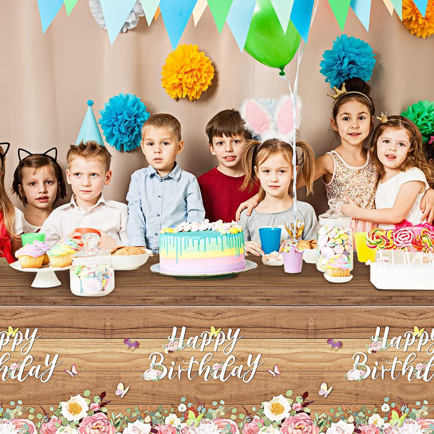 Wood Grain Birthday Tablecloth Butterfly Decoration