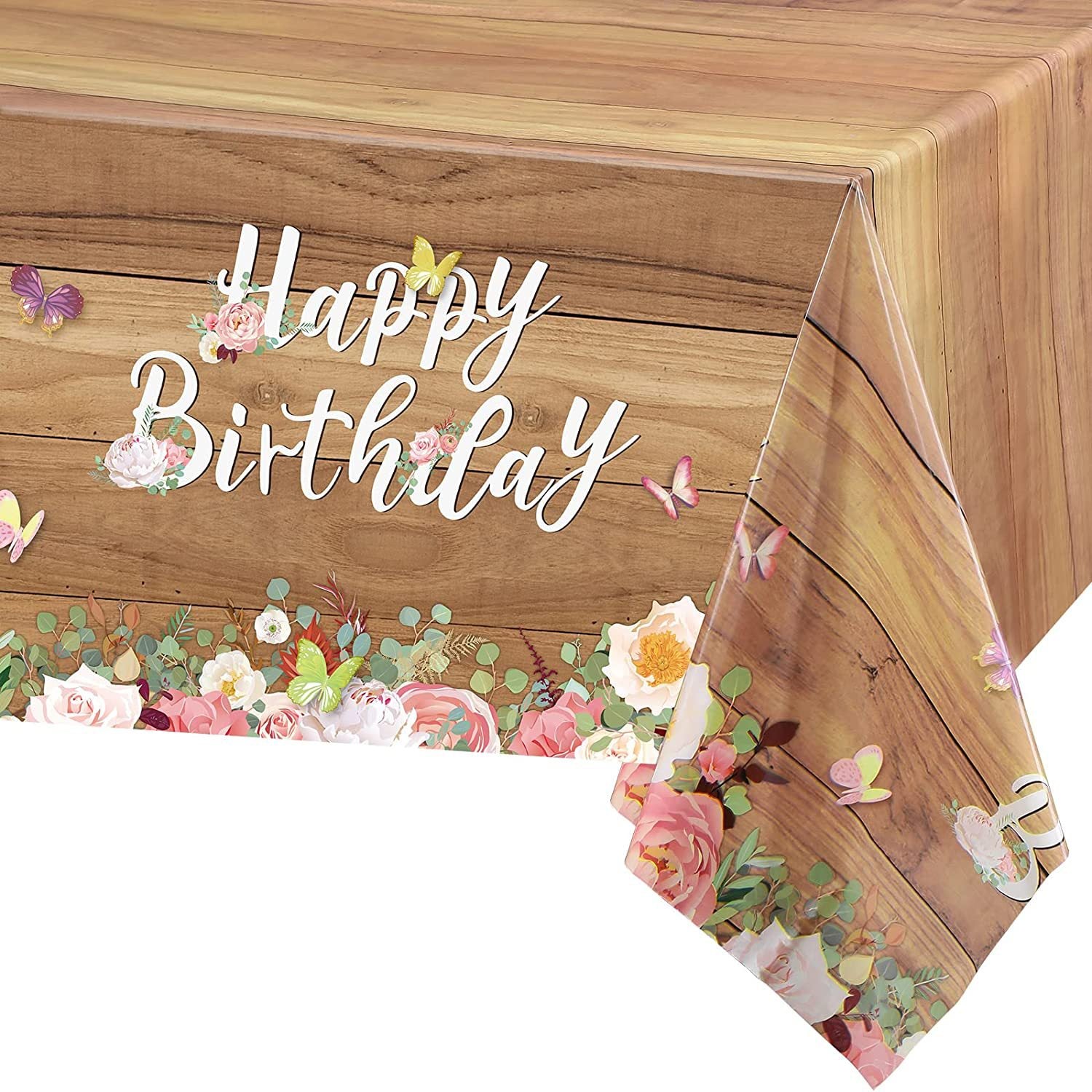 Wood Grain Birthday Tablecloth Butterfly Decoration
