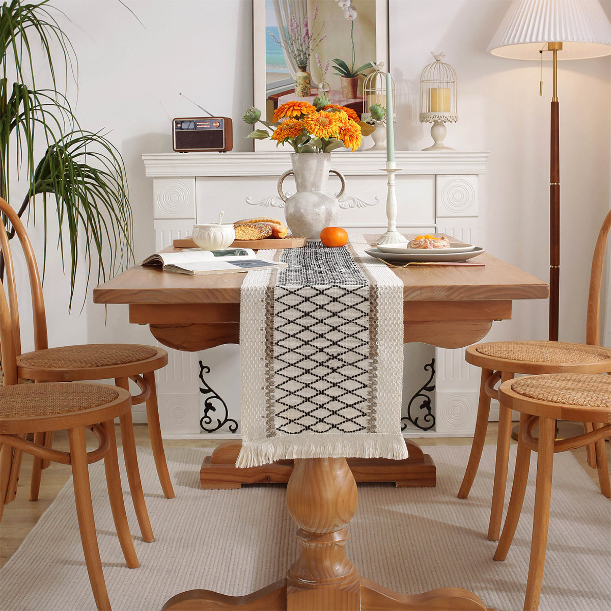 Bohemian Rustic Table Runner 72 108 Inch Cotton Burlap Macrame Table Linen