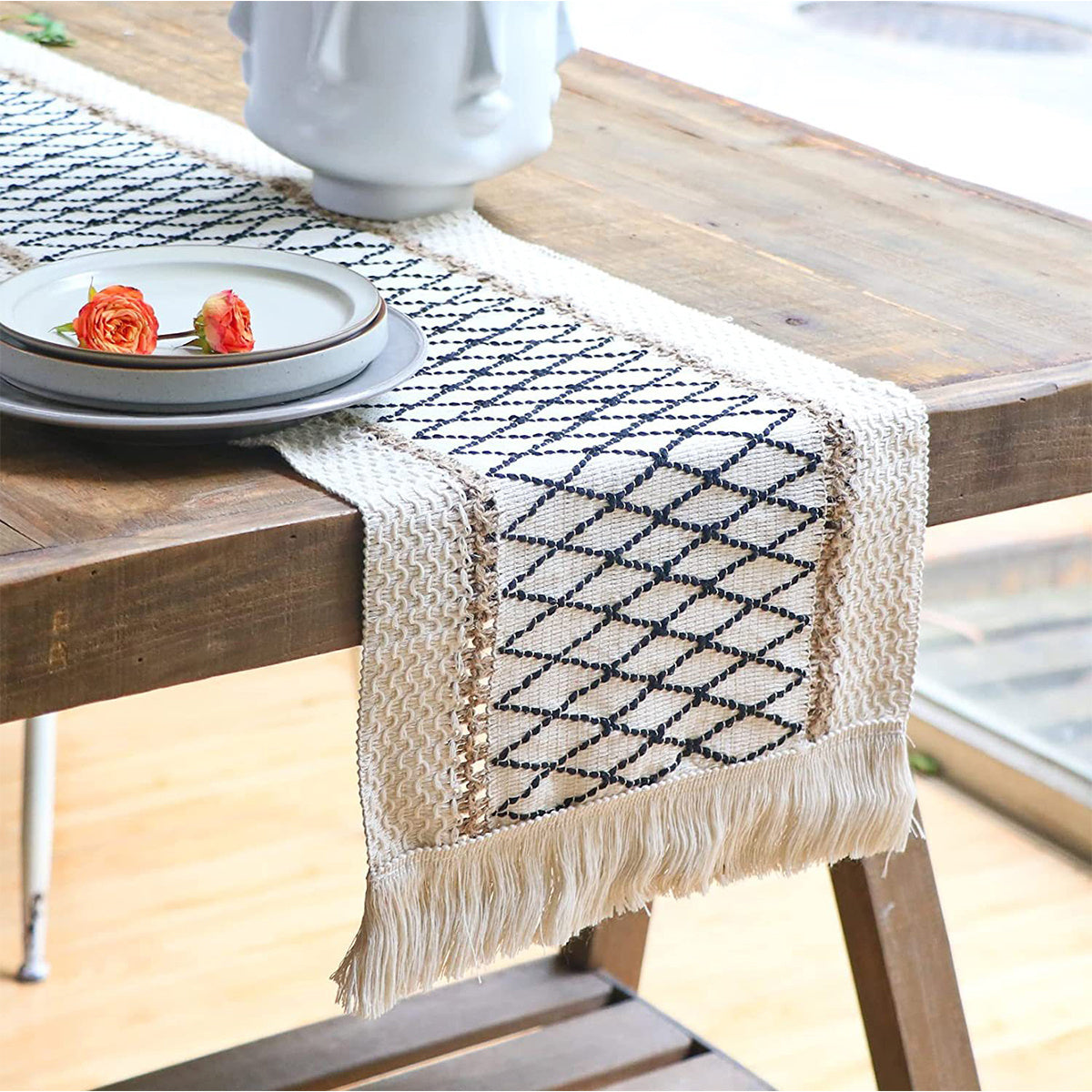 Bohemian Rustic Table Runner 72 108 Inch Cotton Burlap Macrame Table Linen