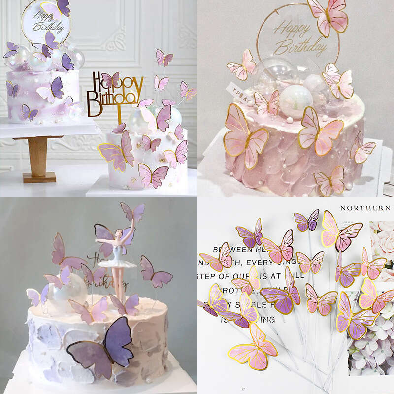 10pcs Golden Pink Butterfly Cake Toppers Girl Party Decor