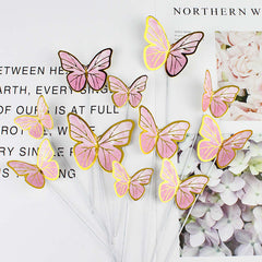 10pcs Golden Pink Butterfly Cake Toppers Girl Party Decor