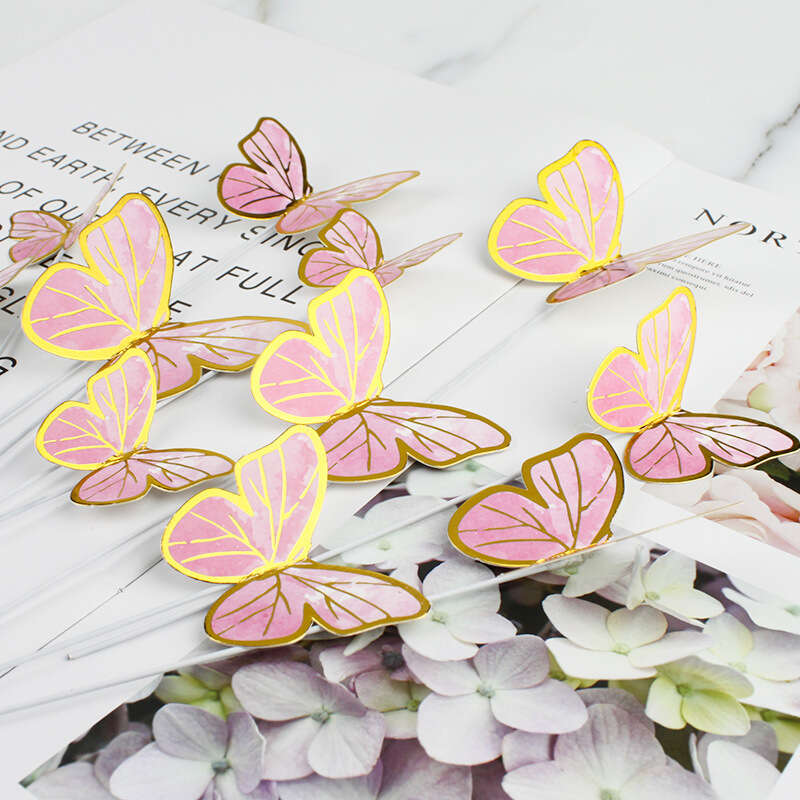 10pcs Golden Pink Butterfly Cake Toppers Girl Party Decor