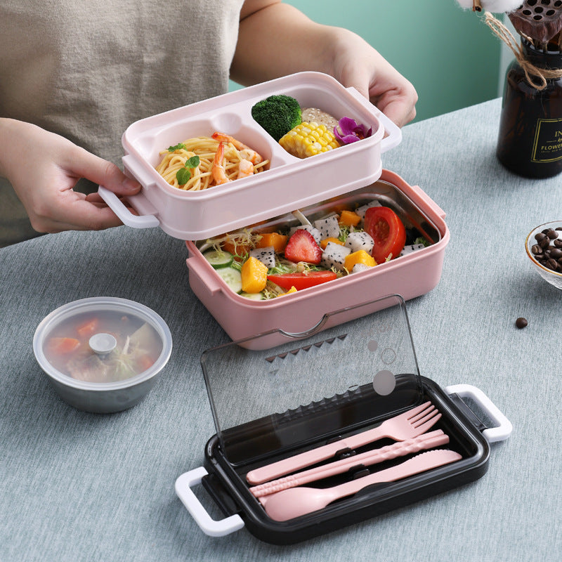 1050ml Double Layer Lunch Box w/Tableware for Outdoor Camping/Fishing
