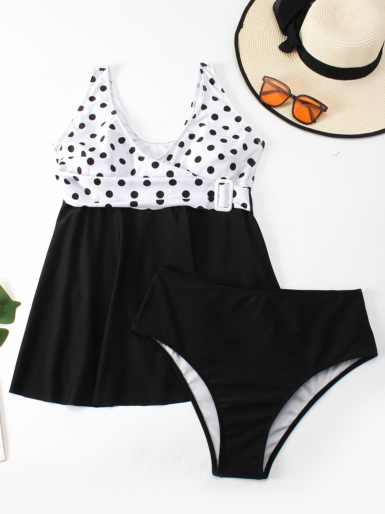Retro Tankini Set Women's Plus Contrast Polka Dot Print