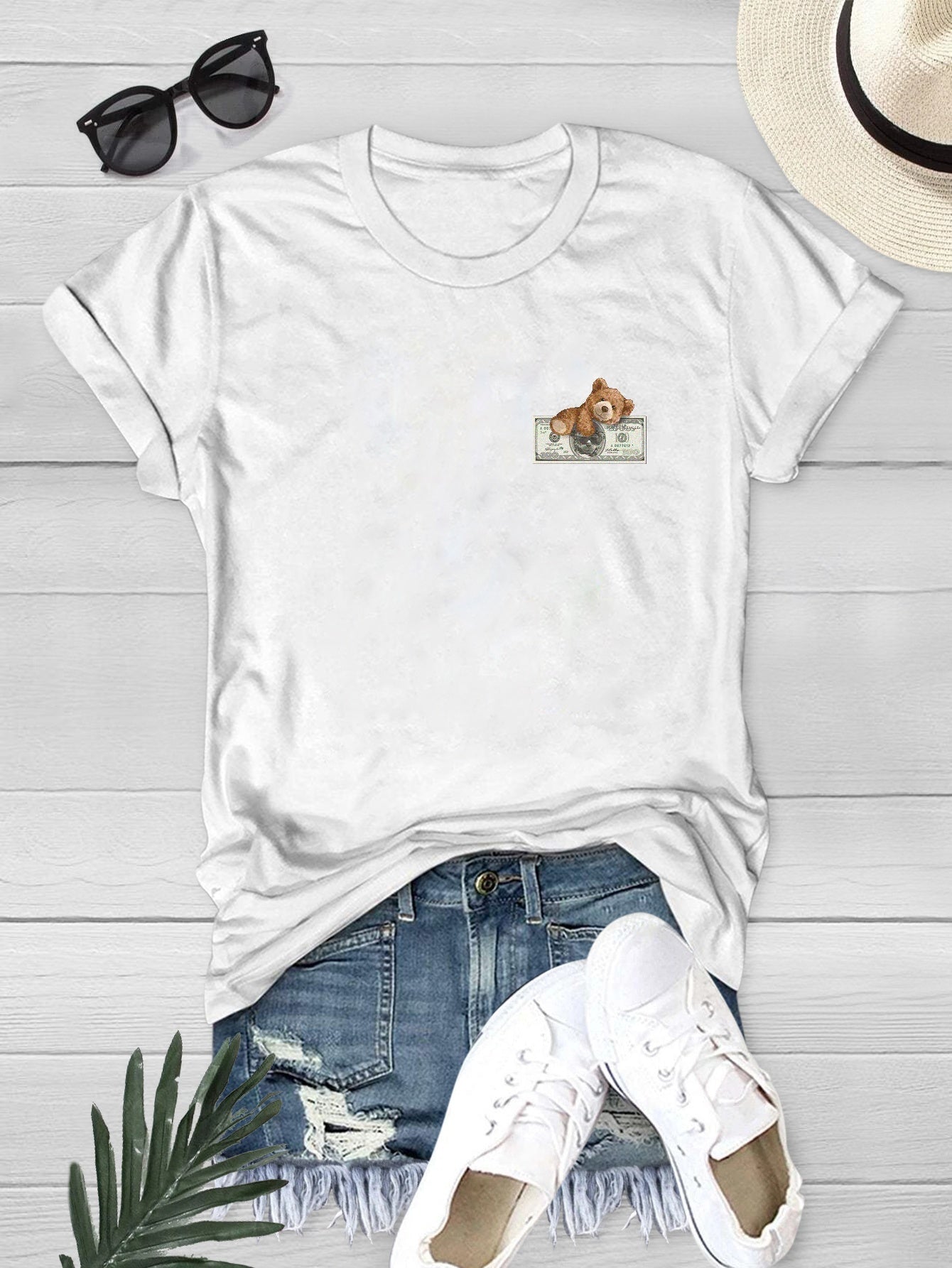 Cartoon Bear Print Top Short Sleeve T-shirt Women's Clothing