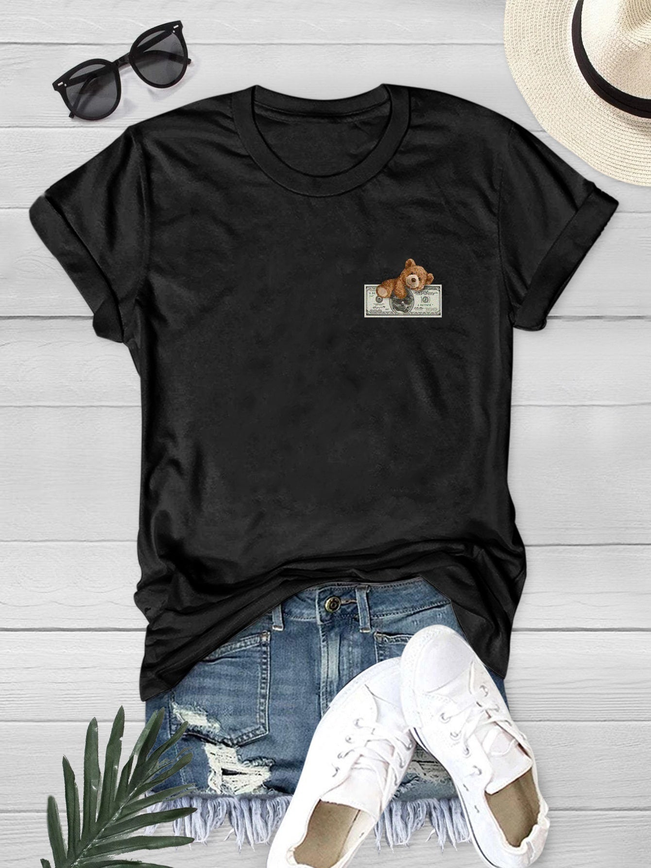 Cartoon Bear Print Top Short Sleeve T-shirt Women's Clothing