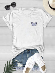Butterfly Print Short Sleeve T shirt Crew Neck Casual Summer Top