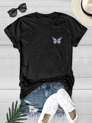 Butterfly Print Short Sleeve T shirt Crew Neck Casual Summer Top