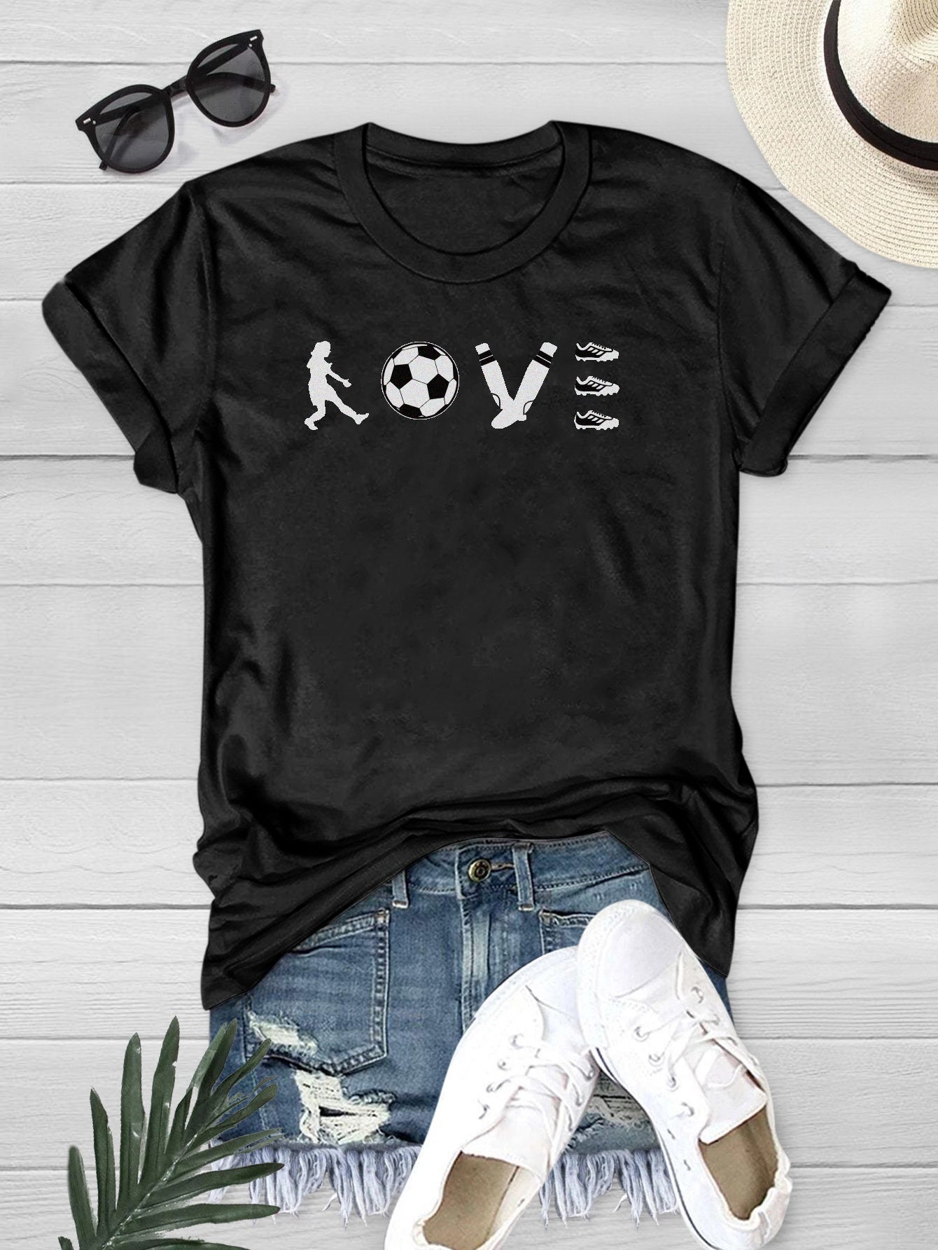 Player & Football Love Letter Print Crew Neck Casual Loose Short Sleeve T-shirt