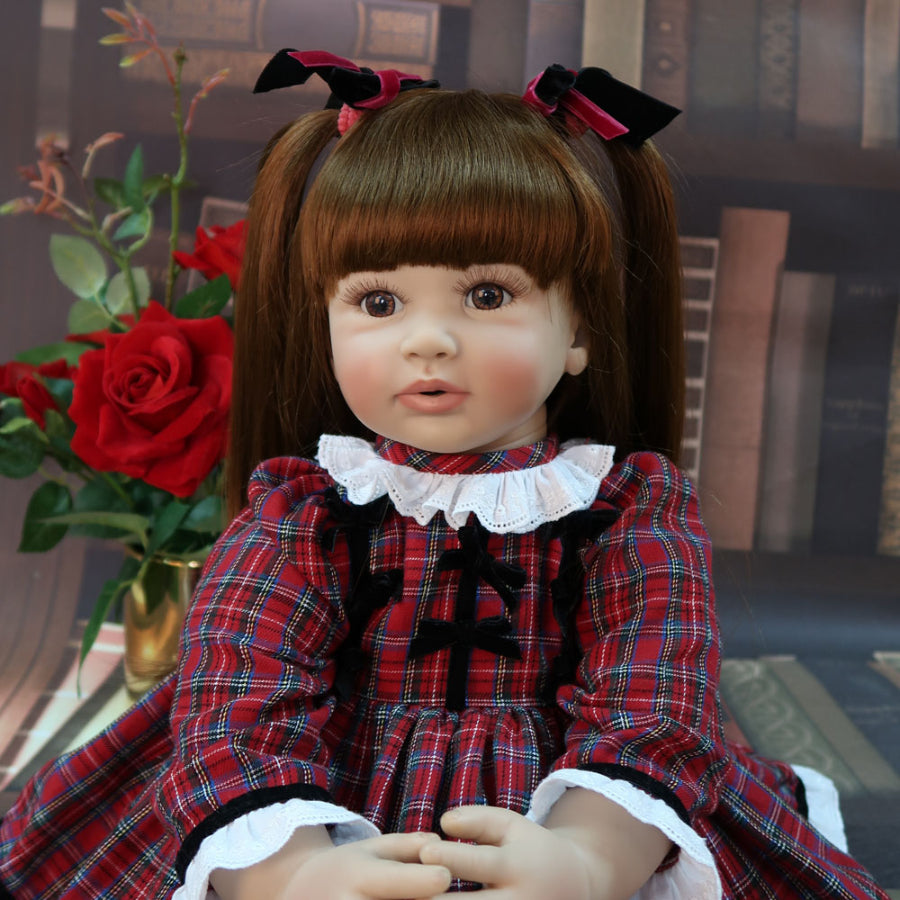Reborn Baby Doll Long Brown Hair Pink Bow Lace Dress Lifelike Toddler Girl