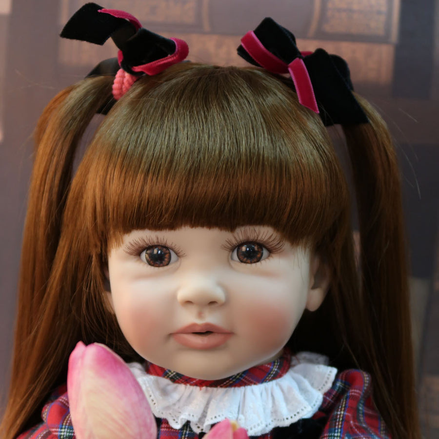 Reborn Baby Doll Long Brown Hair Pink Bow Lace Dress Lifelike Toddler Girl