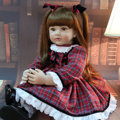 Reborn Baby Doll Long Brown Hair Pink Bow Lace Dress Lifelike Toddler Girl