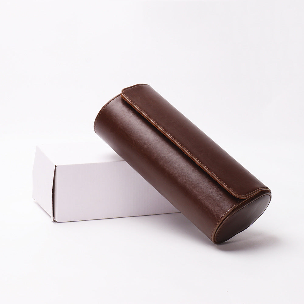 Cylinder PU Leather 3-Position Watch Box