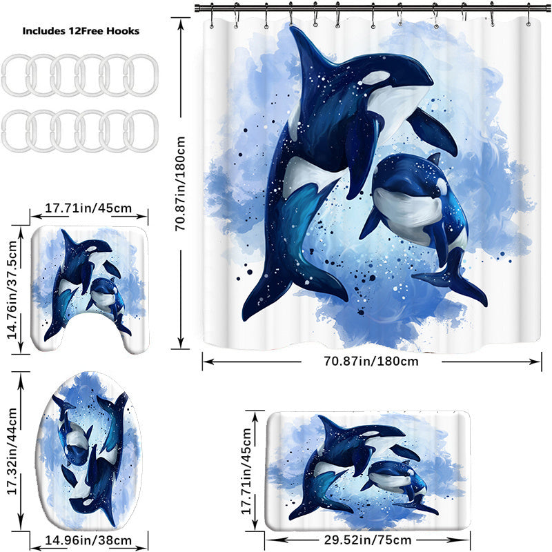 Killer Whale Shower Curtain Bathroom Set - Navy Ocean Watercolor Decor