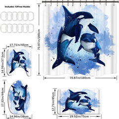 Killer Whale Shower Curtain Bathroom Set - Navy Ocean Watercolor Decor