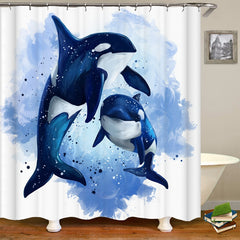 Killer Whale Shower Curtain Bathroom Set - Navy Ocean Watercolor Decor