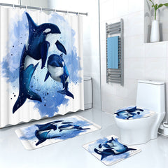 Killer Whale Shower Curtain Bathroom Set - Navy Ocean Watercolor Decor