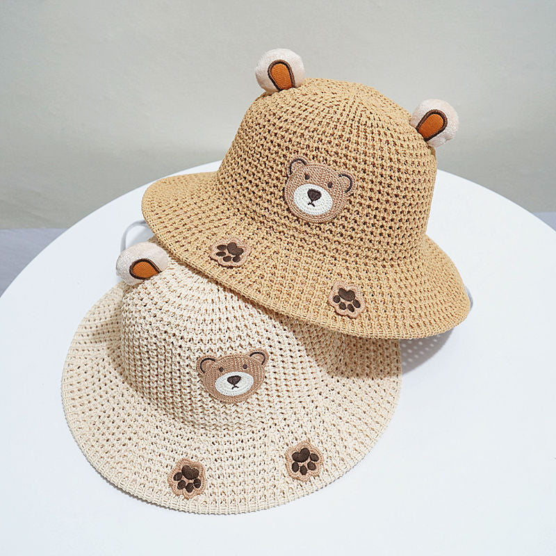 Boys Bear Straw Sun Hat Wide Brim Outdoor Beach Travel