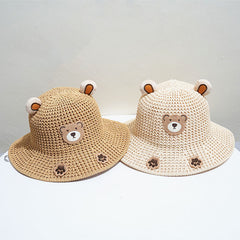 Boys Bear Straw Sun Hat Wide Brim Outdoor Beach Travel