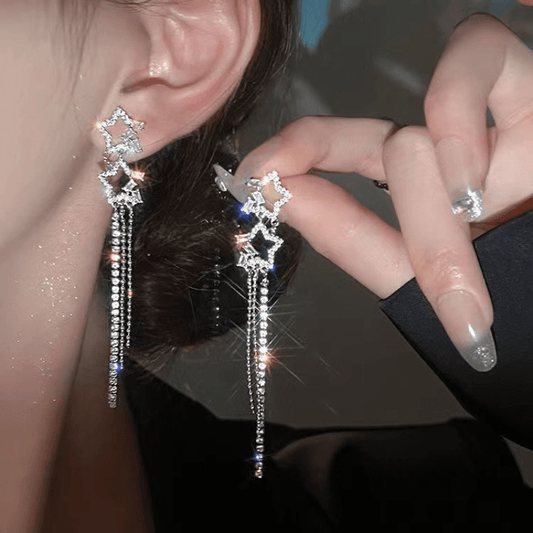 Hollow Star Long Tassel Earrings Double Star Inlaid Zircon Jewelry Gift